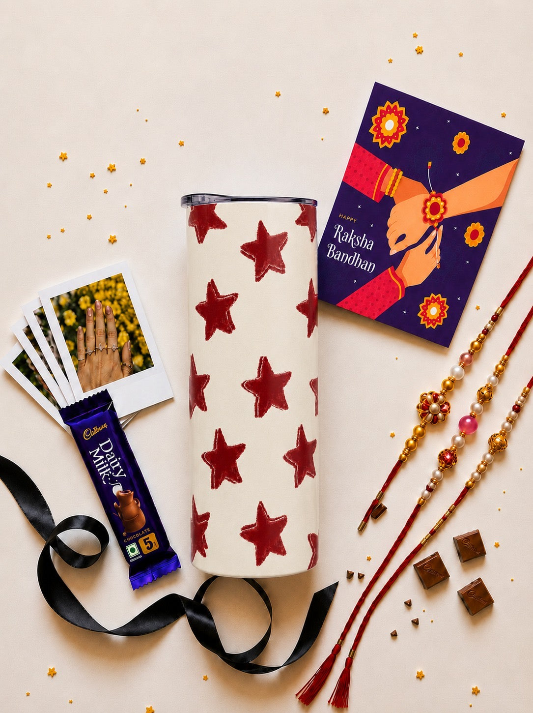Red Star Pattern Stainless Steel Tumbler Rakhi Hamper