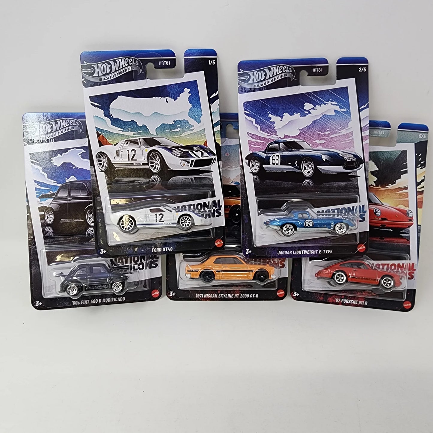Hot Wheels 2025 Silver Series National Icons Set of 5 Premium Cars ( Porsche 911 / Jaguar/ Ford Gt/ Nissan Skyline / Fiat 500)