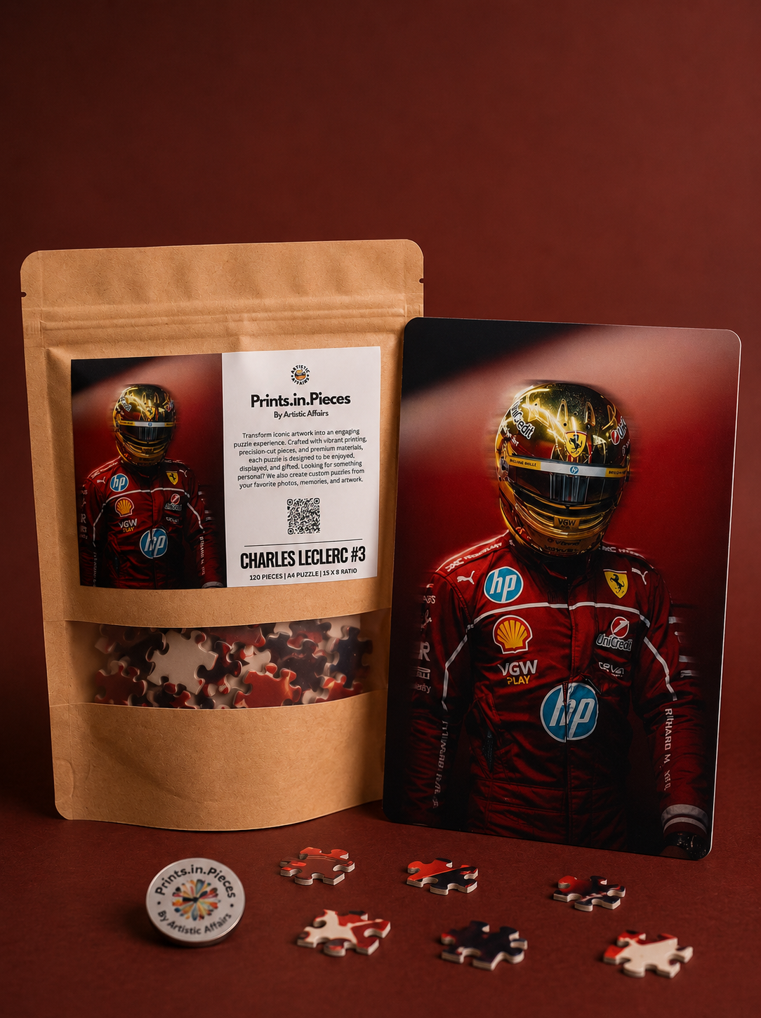 Charles Leclerc Ferrari F1 Puzzle #3 — 120 Piece Gold Helmet Portrait