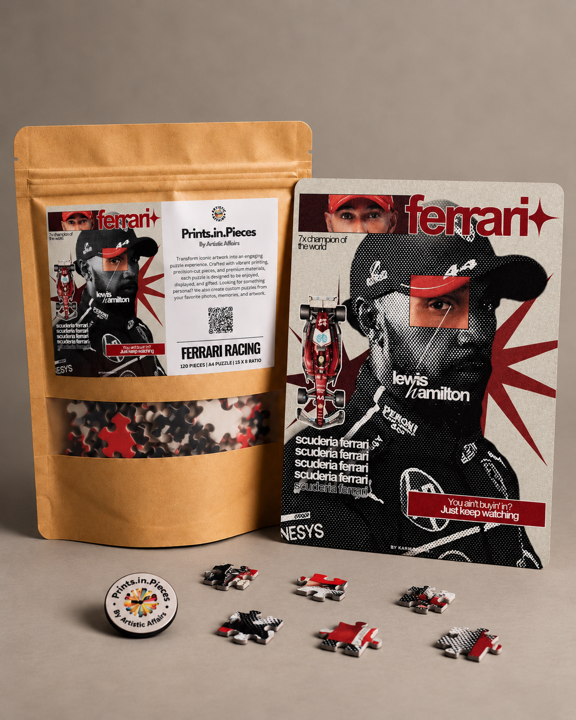 Lewis Hamilton Scuderia Ferrari jigsaw puzzle – halftone magazine-cover portrait