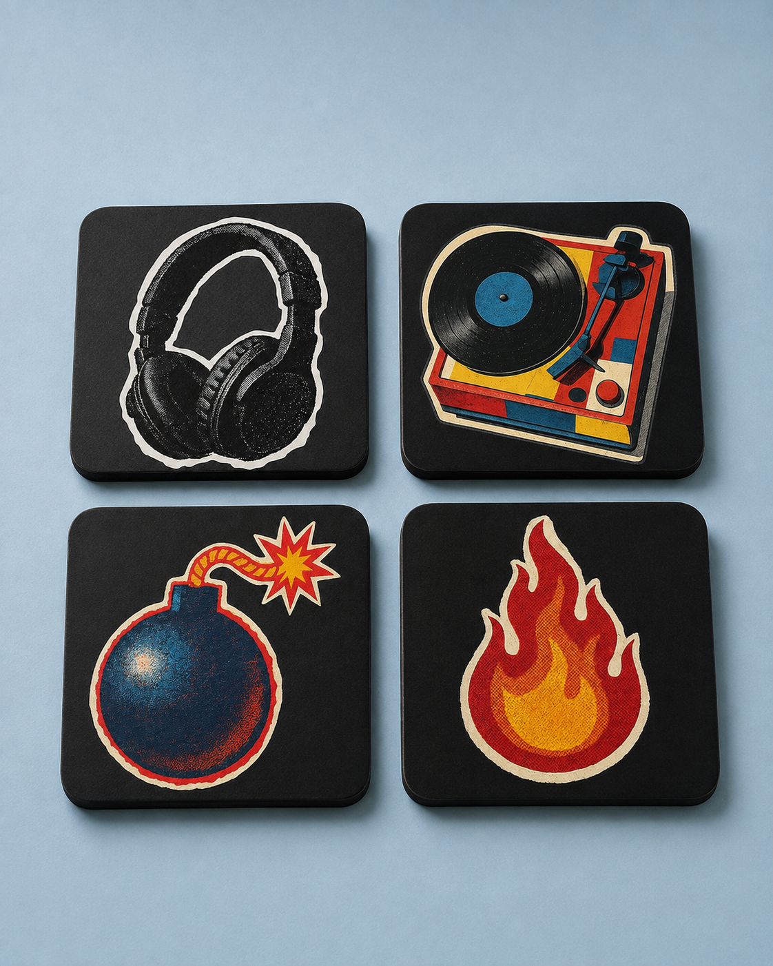 Retro Pop Icons Coaster Set of 4 — Vinyl, Headphones & Flame Coasters