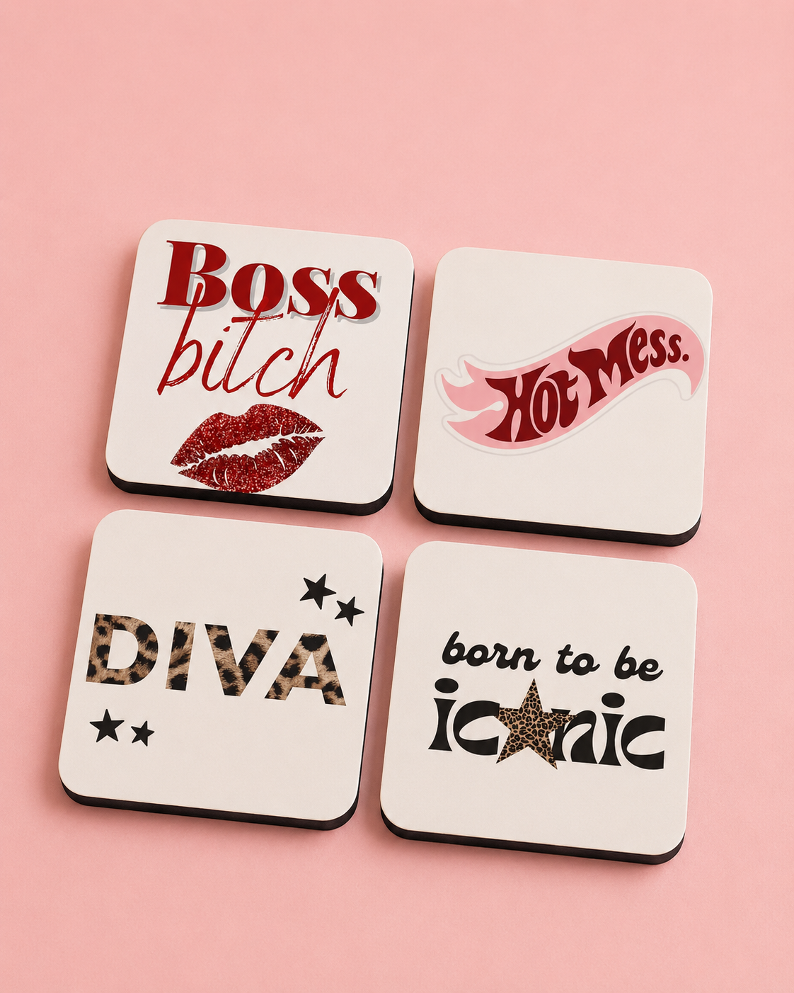 Boss Bitch Coaster Set of 4 — Diva Leopard & Lips Drink Coasters