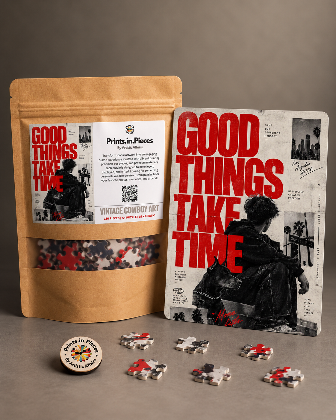 Good Things Take Time jigsaw puzzle – man and Doberman on Sunset Blvd street poster
