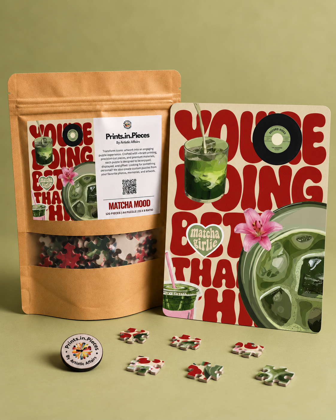 Matcha Mood jigsaw puzzle – iced matcha and retro red type on cream
