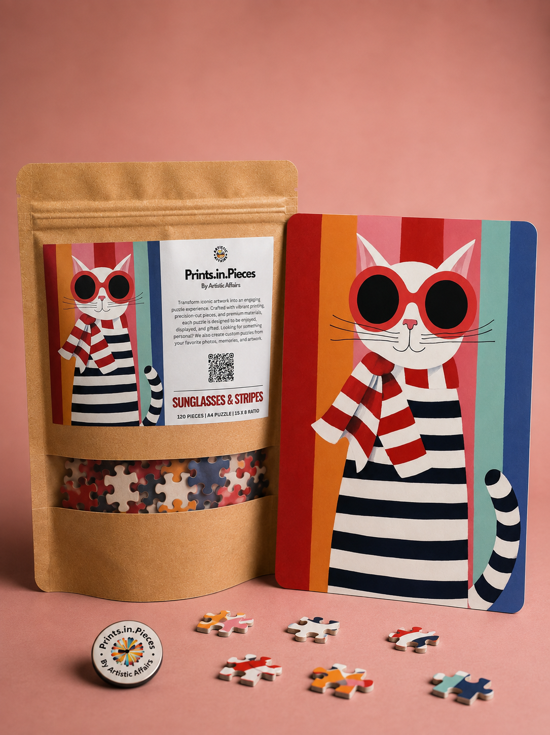 Sunglasses & Stripes Puzzle – 120 Piece Illustrated Cat Puzzle