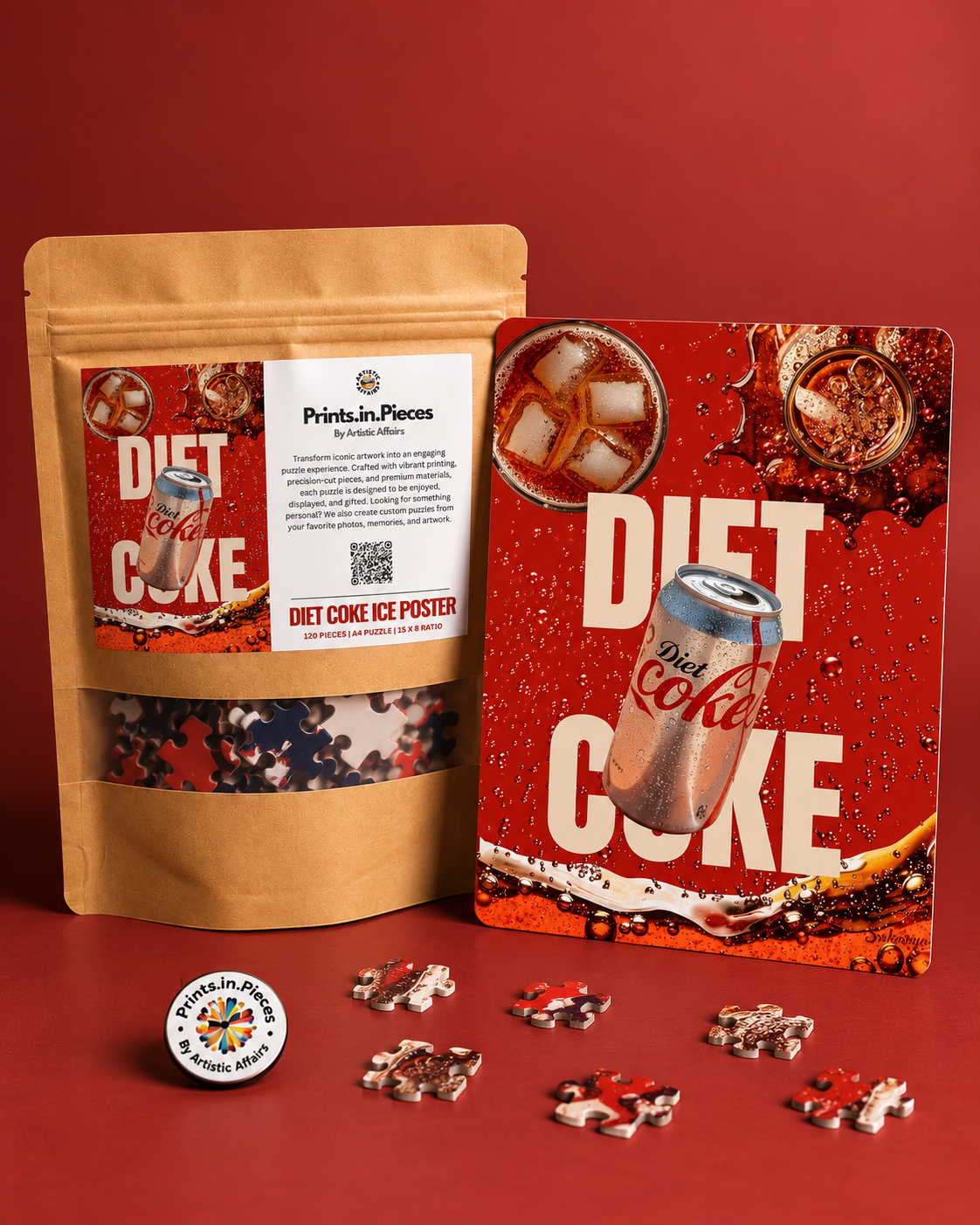 Diet Coke Ice Poster jigsaw puzzle – silver Diet Coke can in fizzing red pop art
