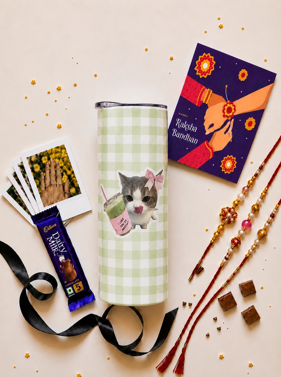 Cute Cat Matcha Stainless Steel Tumbler Rakhi Hamper