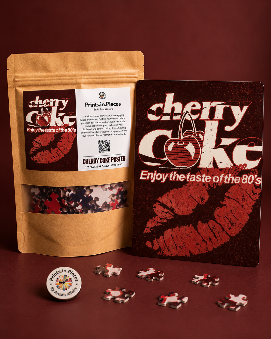 Cherry Coke 80s Kiss jigsaw puzzle – retro lettering with red lipstick kiss on maroon