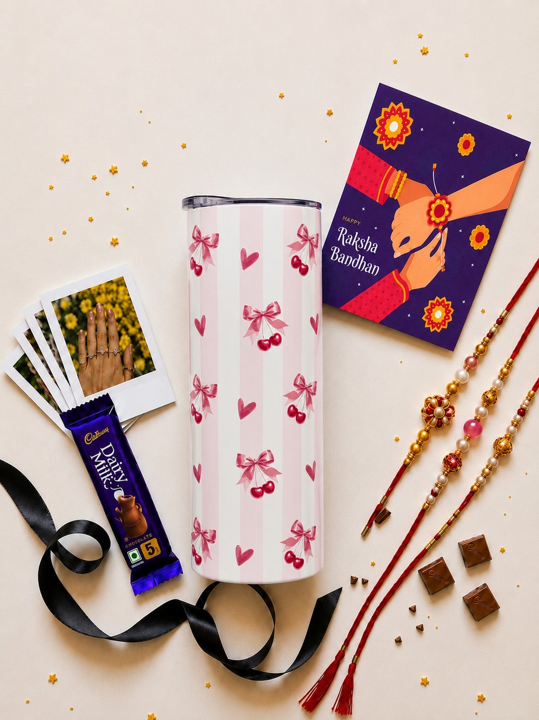 Pink Cherry Pattern Stainless Steel Tumbler Rakhi Hamper