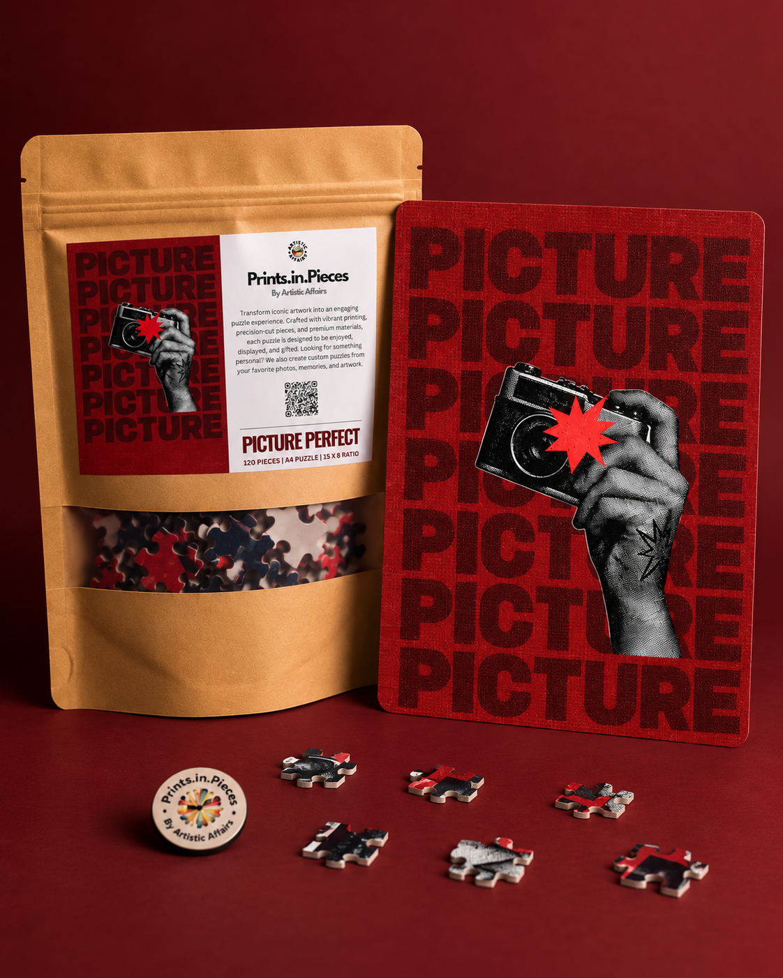 Picture Perfect jigsaw puzzle – vintage camera over repeating PICTURE type on red