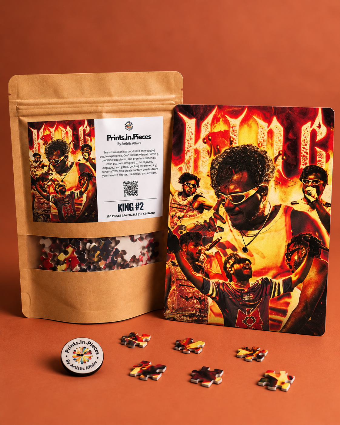 King #2 jigsaw puzzle – fiery performer collage under gothic KING lettering