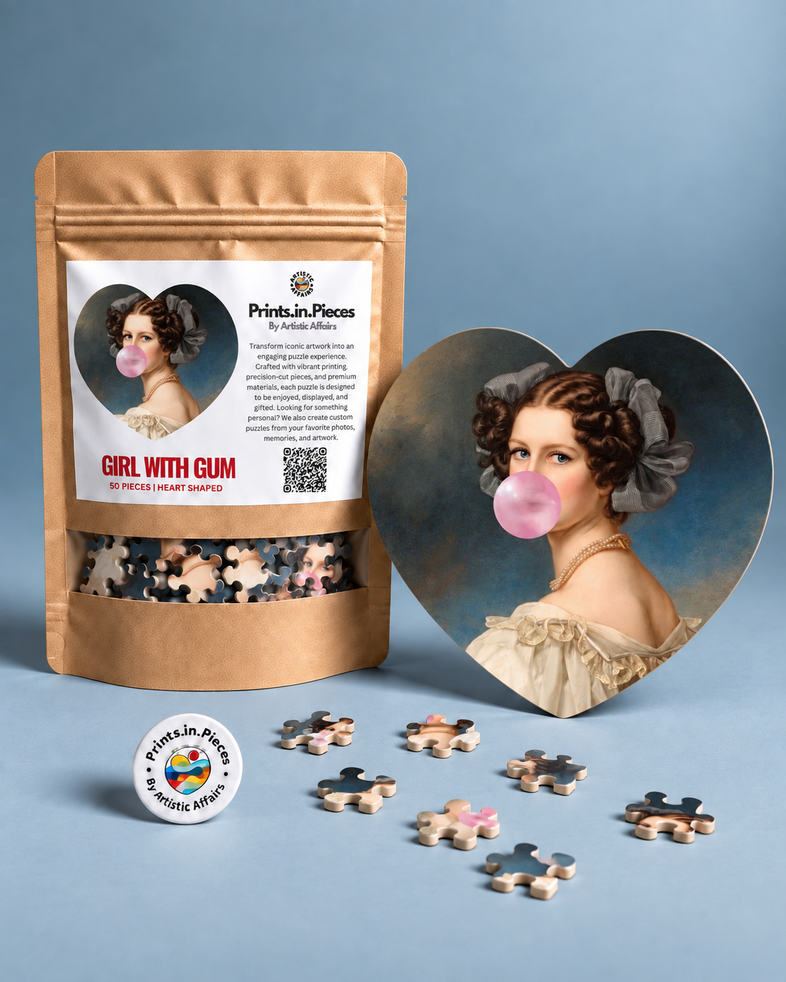 Girl with Gum Heart-Shaped Puzzle
