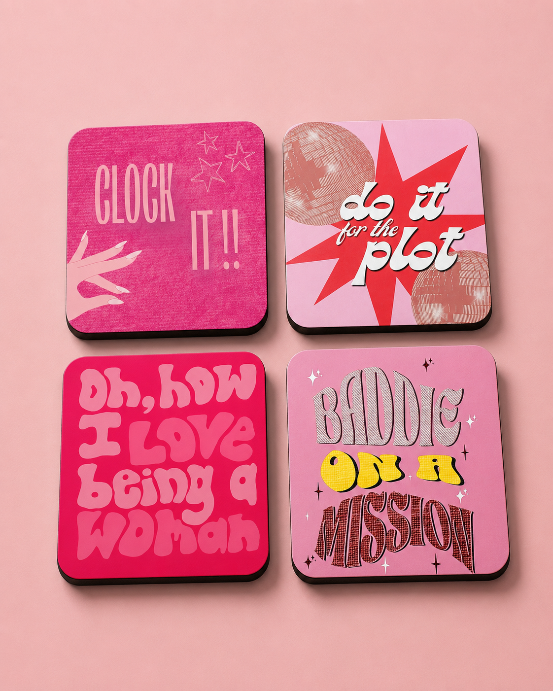 Do It For The Plot Coaster Set of 4 — Pink Retro Slogan Coasters