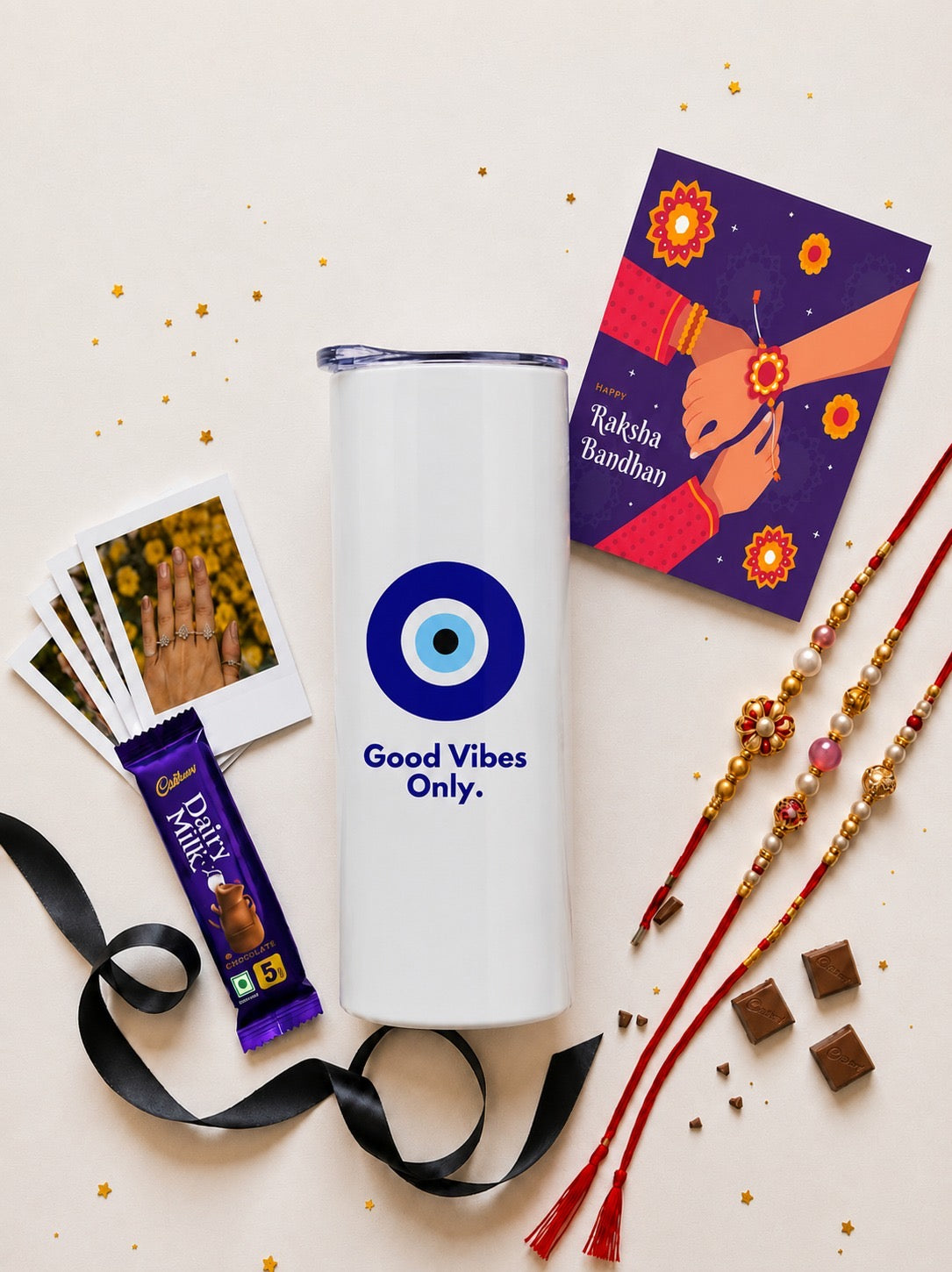 Good Vibes Only Stainless Steel Tumbler Rakhi Hamper