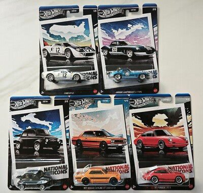 Hot Wheels 2025 Silver Series National Icons Set of 5 Premium Cars ( Porsche 911 / Jaguar/ Ford Gt/ Nissan Skyline / Fiat 500)