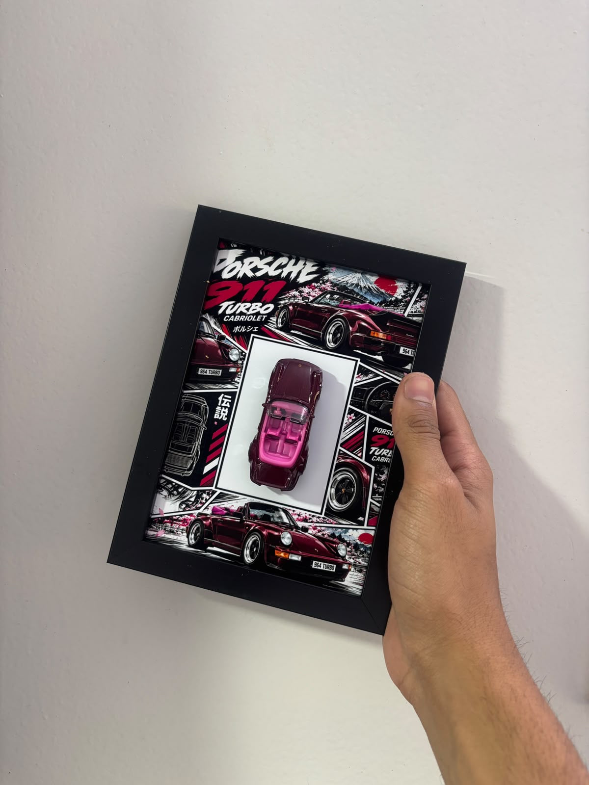 Porsche 911 Turbo Cabriolet 964 diecast shadow box frame, view 3