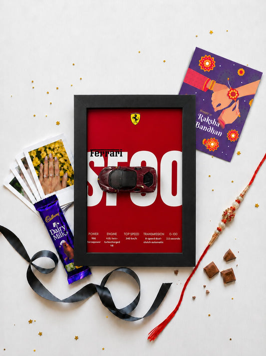 Ferrari SF90 sports car art frame with rakhi and chocolate