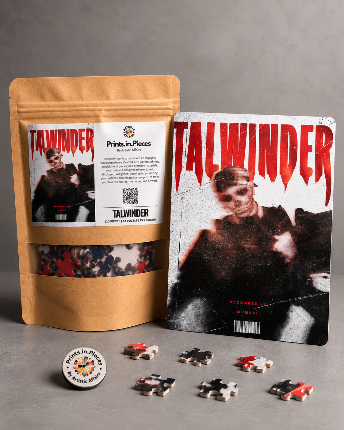 Talwinder jigsaw puzzle – dripping red lettering over a masked figure