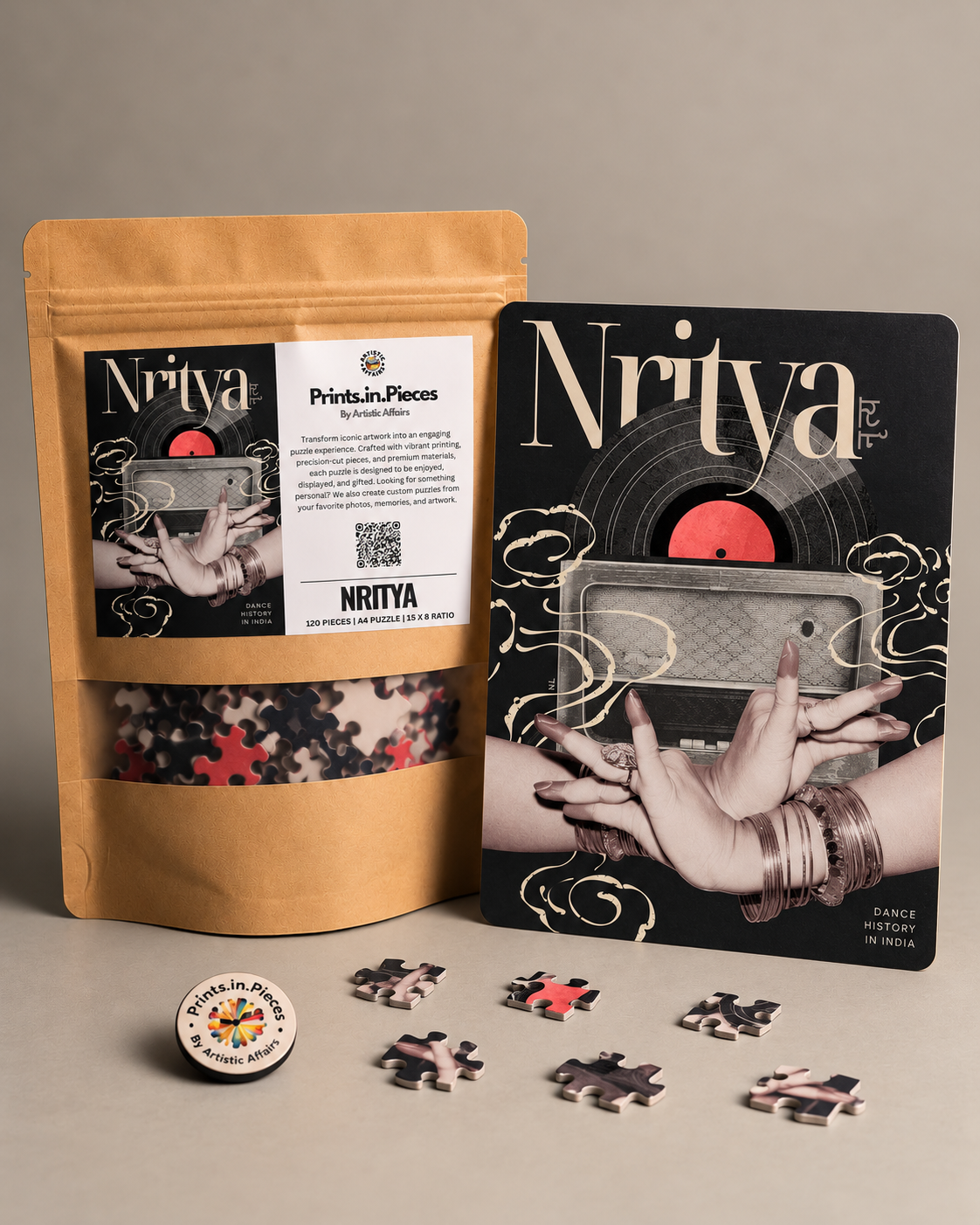 Nritya jigsaw puzzle – dance mudras with a vintage radio and vinyl