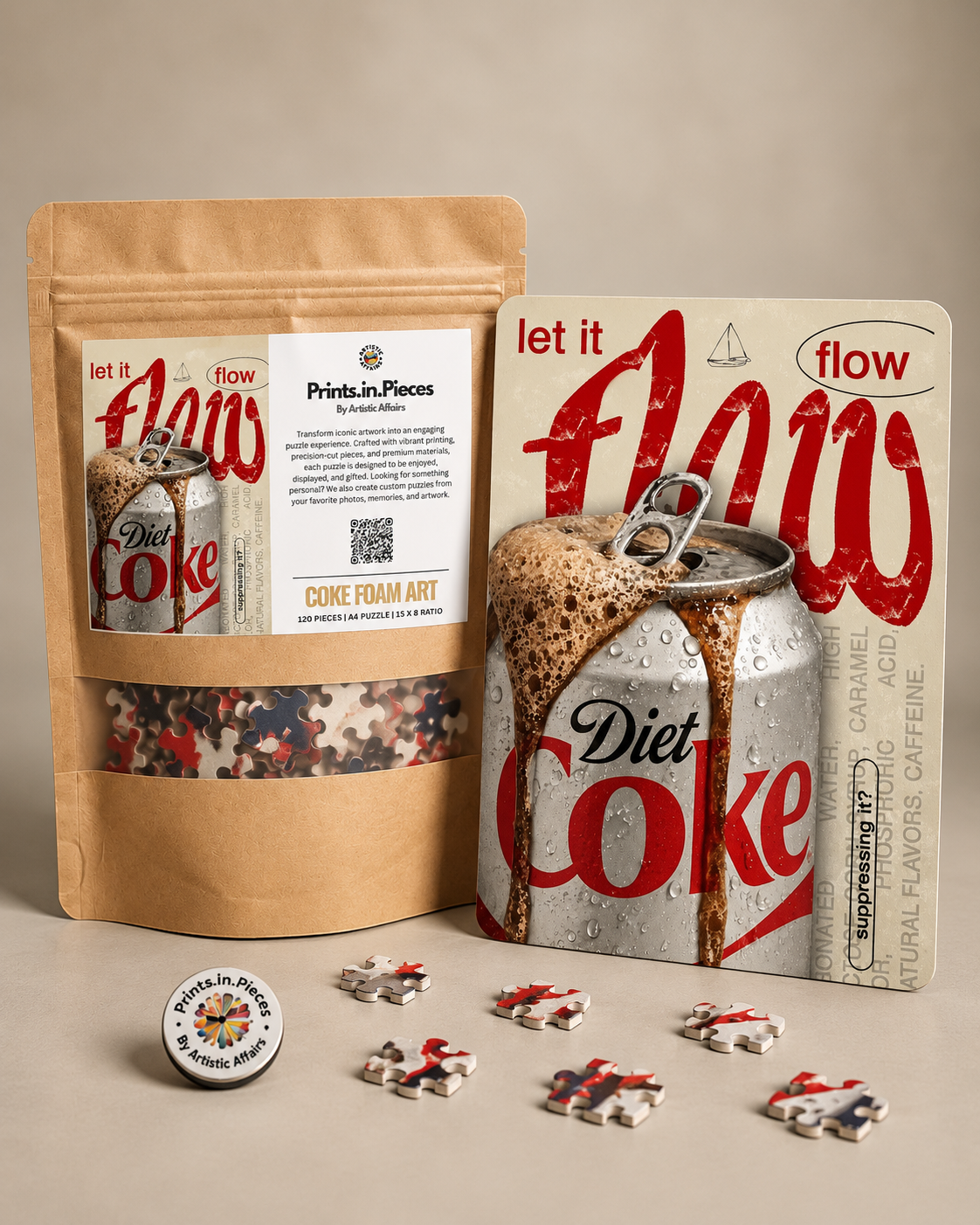 Diet Coke Let It Flow jigsaw puzzle – foaming Diet Coke can in retro red pop art