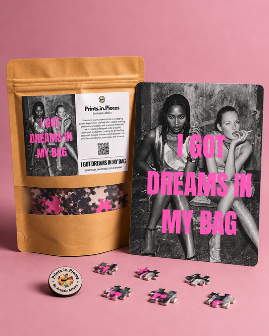 I Got Dreams In My Bag jigsaw puzzle – neon-pink type on a black and white photo