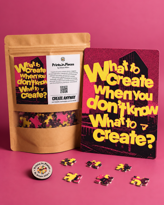 Create Anyway jigsaw puzzle – yellow type over a hot-pink halftone city