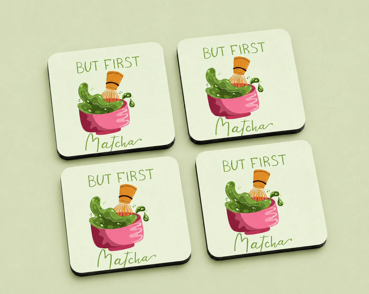 “But First Matcha” 10 x 10 cm drink coaster by Artistic Affairs