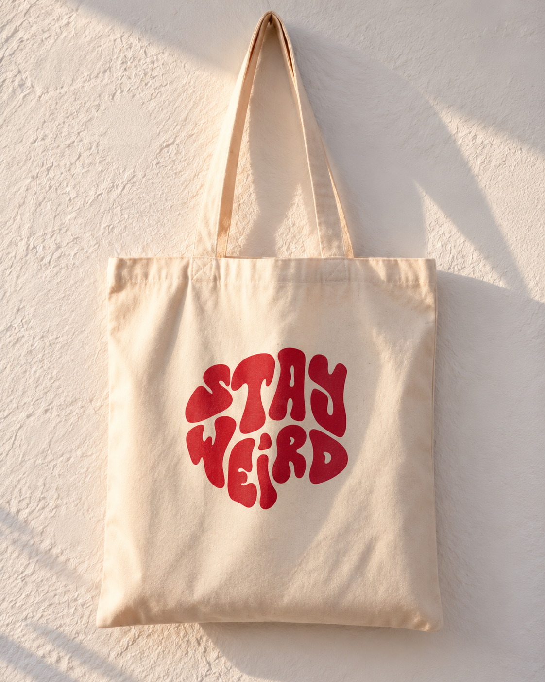Stay Weird Red Organic Typography Tote Bag