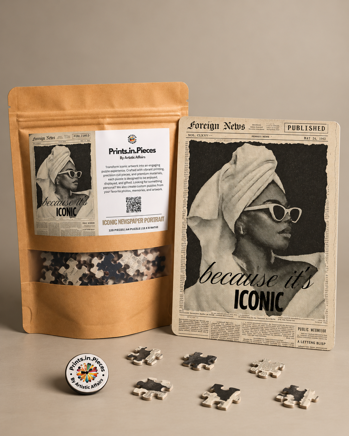 Iconic Newspaper Portrait jigsaw puzzle – woman in sunglasses on vintage newspaper