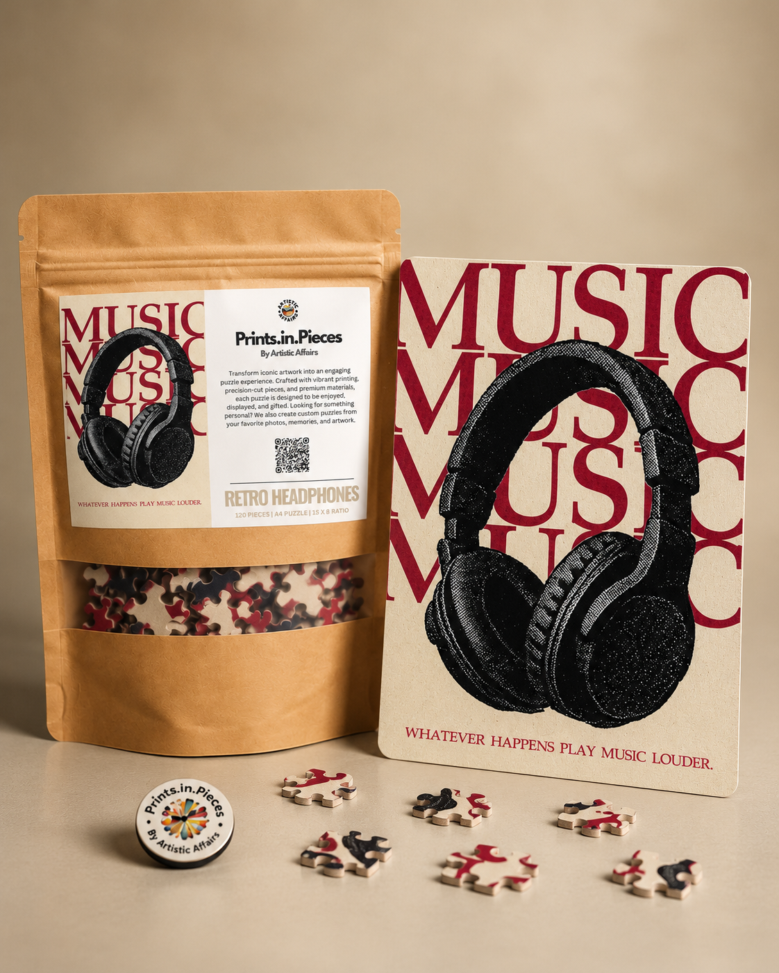 Play Music Louder jigsaw puzzle – vintage headphones over red MUSIC lettering