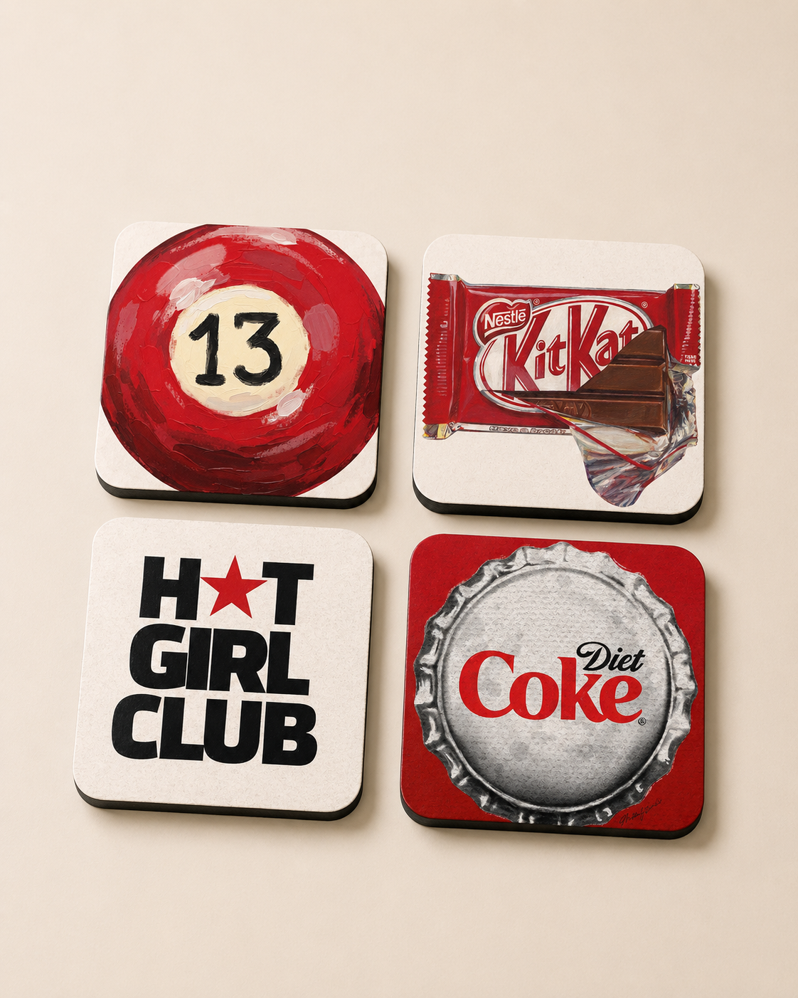 Red Pop Art Coaster Set of 4 — Painterly Retro Drink Coasters