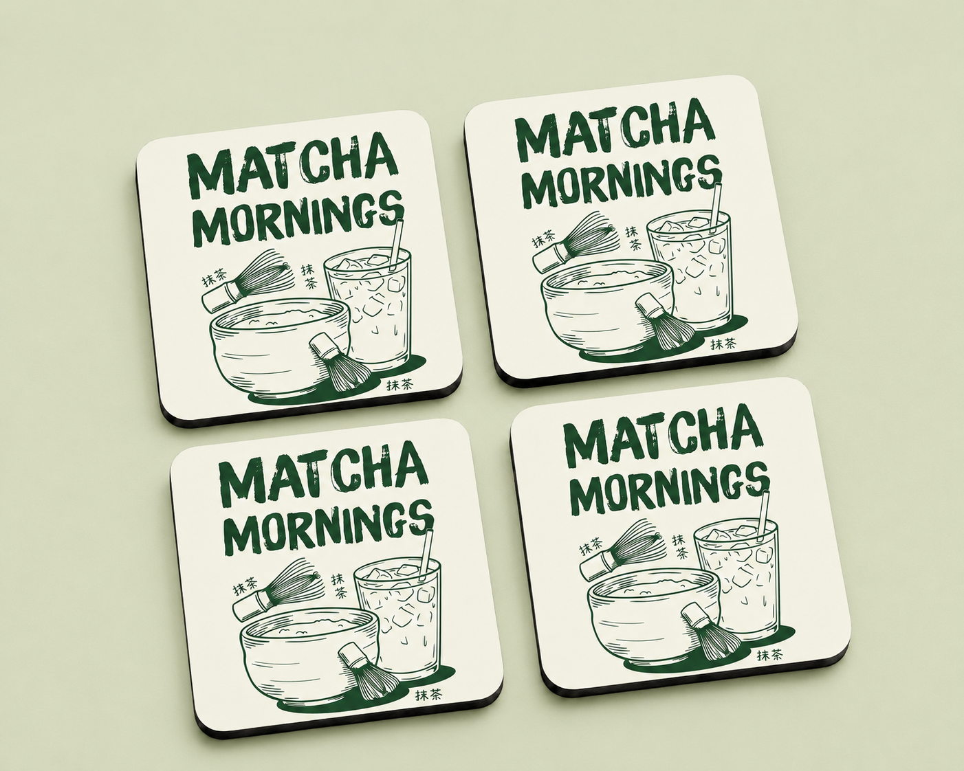 “Matcha Mornings” 10 x 10 cm drink coaster by Artistic Affairs