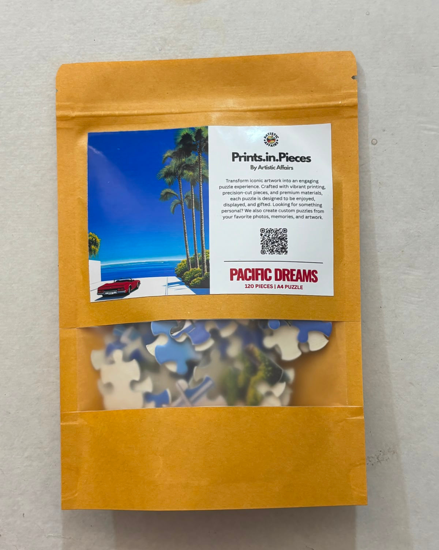 Pacific Dreams retro California coastal palm trees red convertible A4 120 piece jigsaw puzzle Prints.in.Pieces Artistic Affairs India