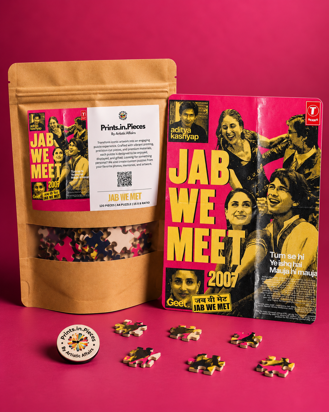 Jab We Met jigsaw puzzle – hot-pink and yellow Bollywood tribute poster