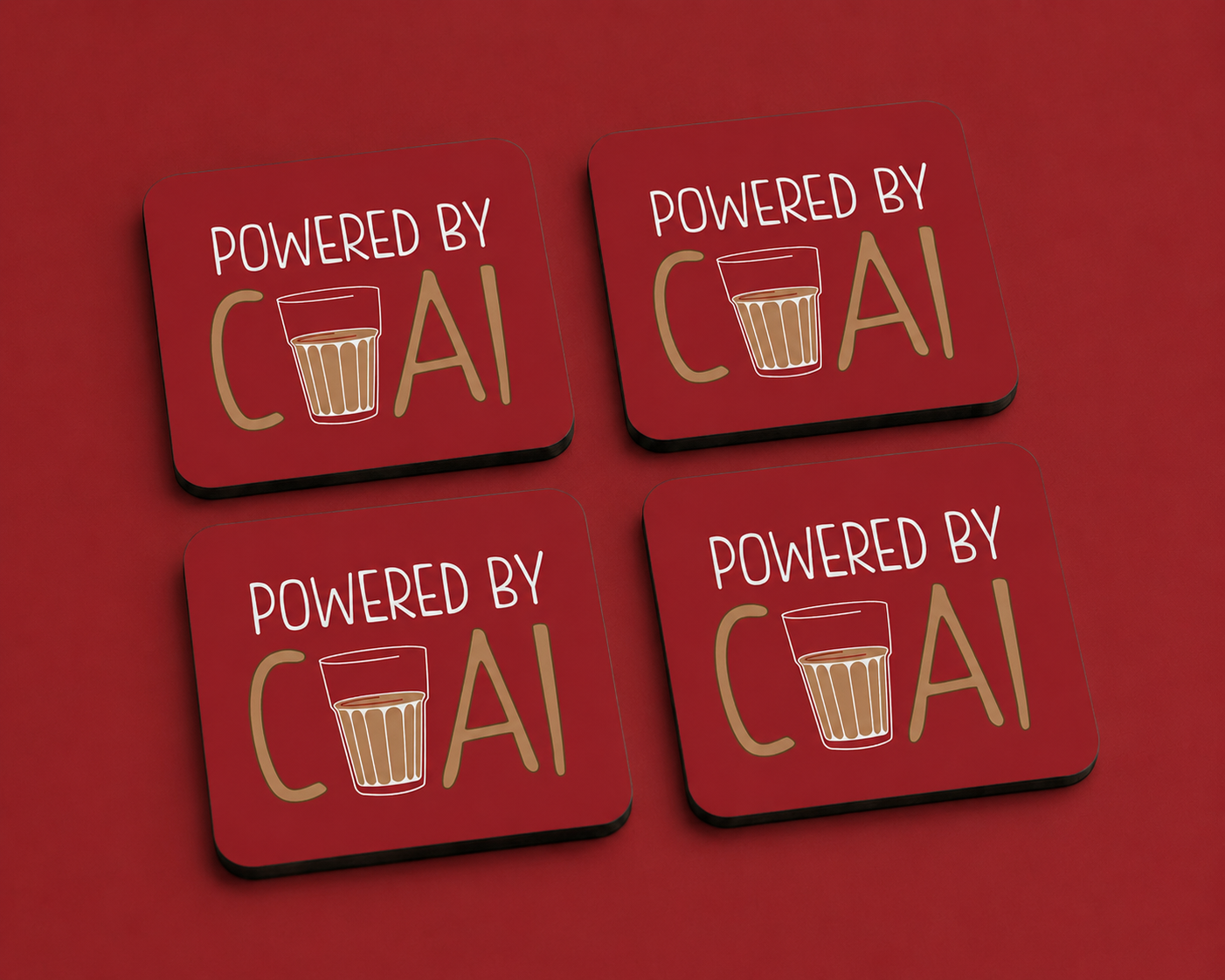 “Powered By Chai” 10 x 10 cm drink coaster by Artistic Affairs