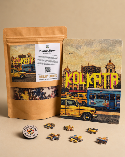 Kolkata Diaries jigsaw puzzle – yellow taxi and blue tram in the City of Joy