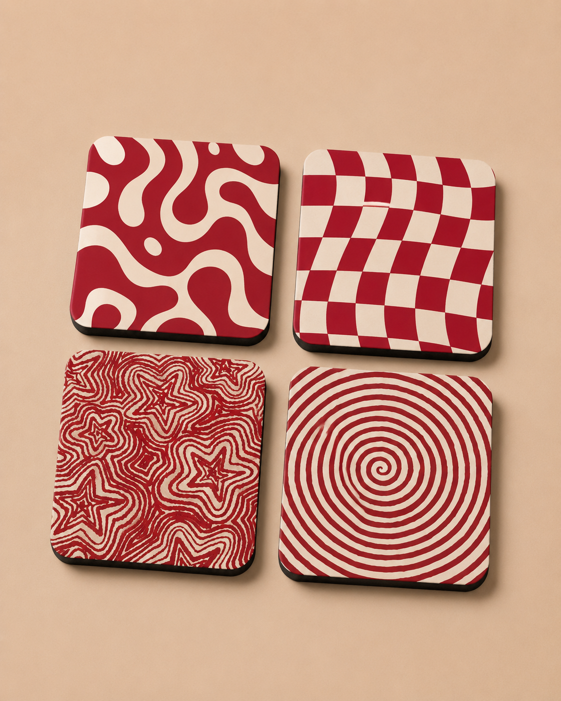 Red Retro Abstract Coaster Set of 4 — Checkerboard, Swirl & Star Coasters