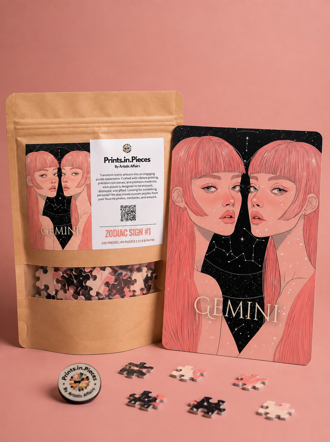 Gemini Zodiac Puzzle — 120 Piece Celestial Twin Portrait Art