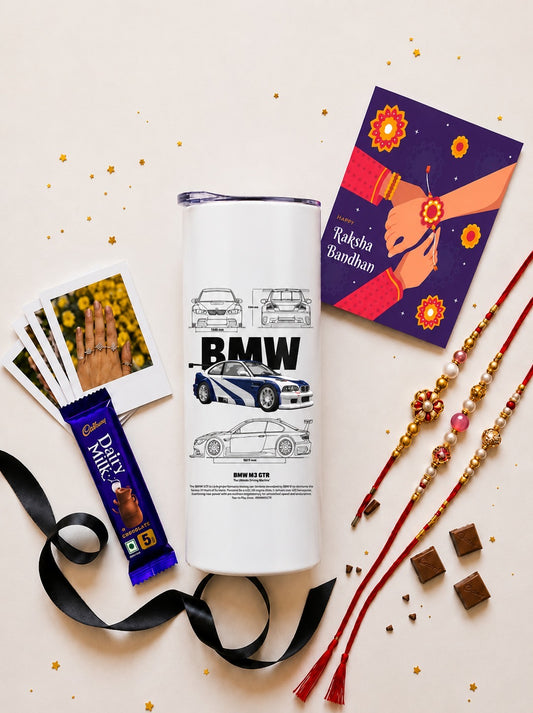 BMW M3 GTR Blueprint Stainless Steel Tumbler Rakhi Hamper