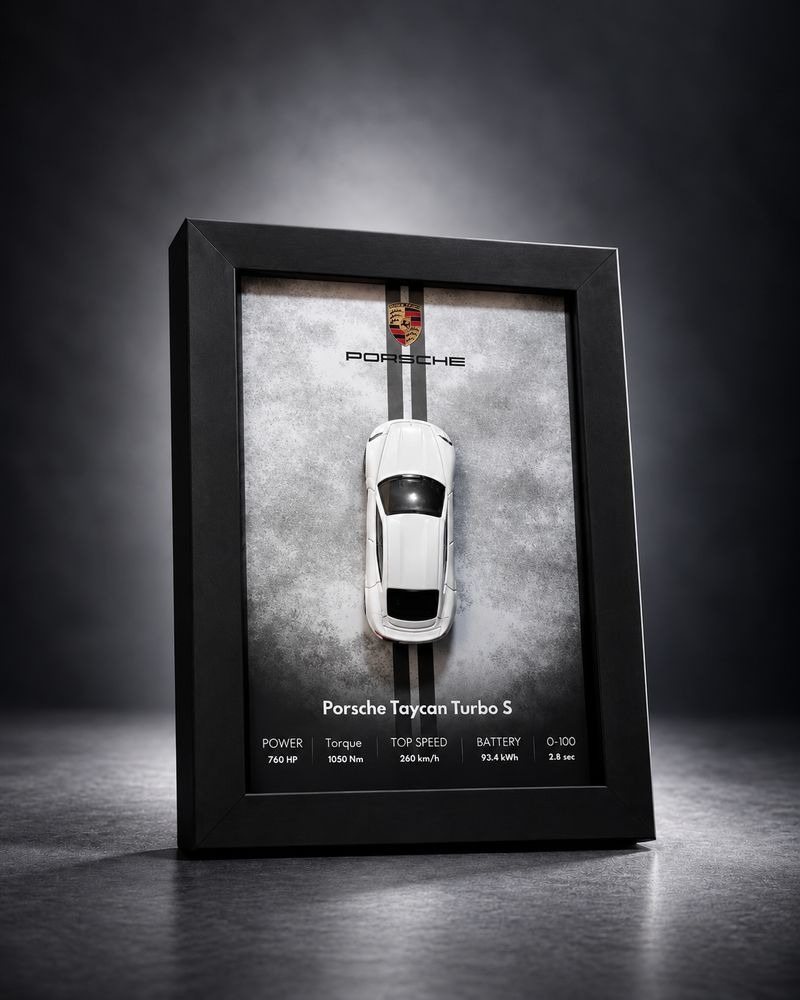 Porsche Taycan Turbo 3D car frame with Hot Wheels diecast car by Artistic Affairs