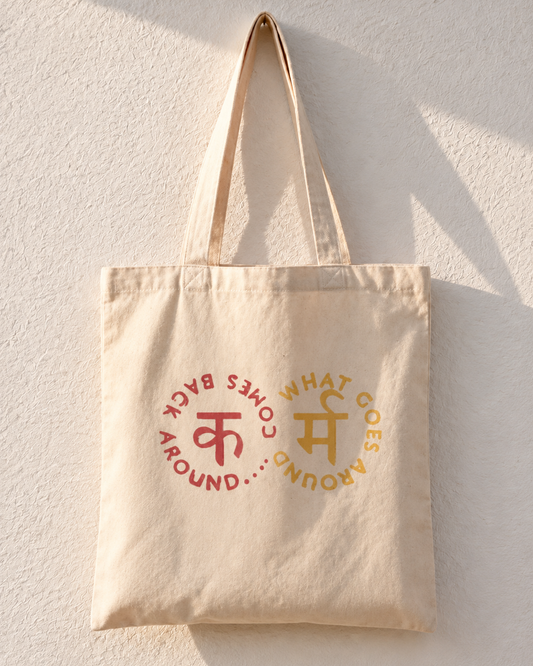 What Comes Around Circular Text Tote Bag