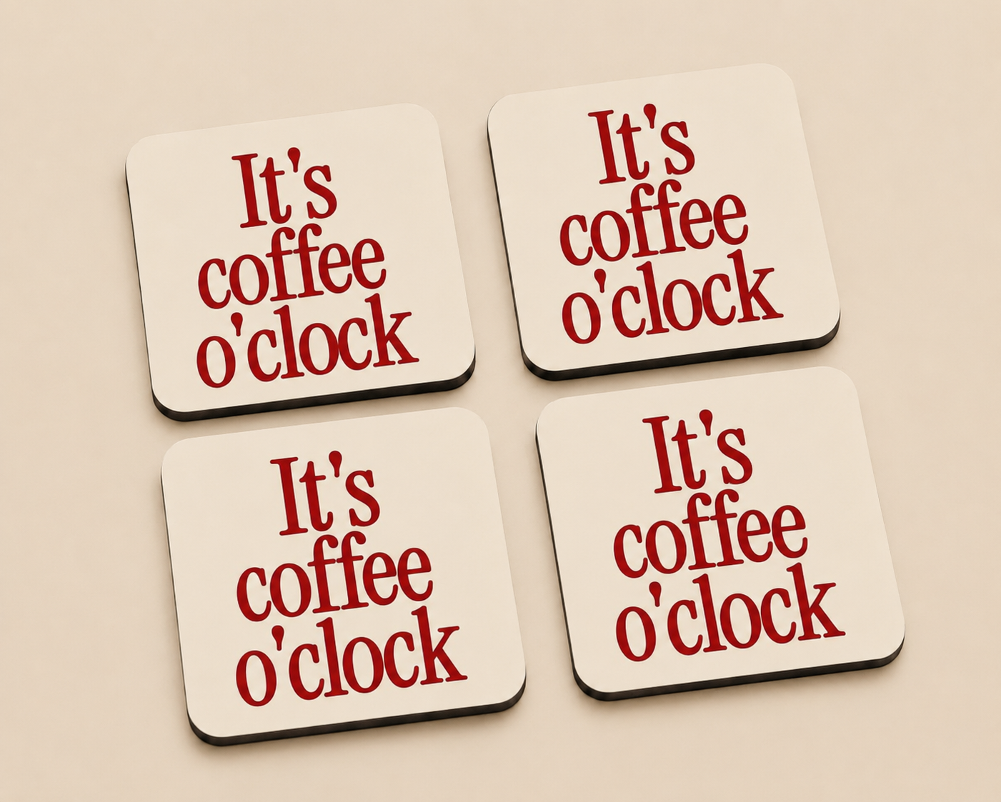 “It’s Coffee O’Clock” 10 x 10 cm drink coaster by Artistic Affairs