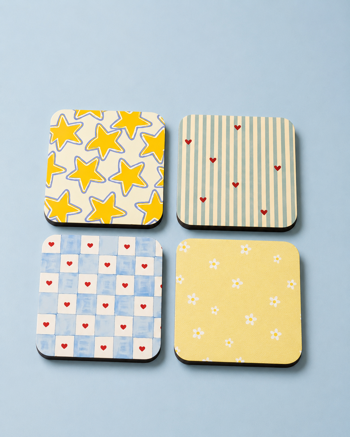 Sunshine Cottage Coaster Set of 4 — Star, Daisy & Heart Check Coasters