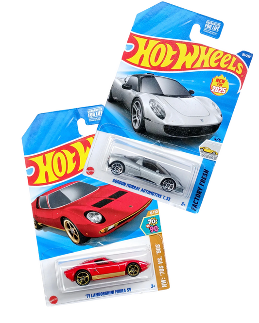 Hotwheels Combo : 71 Lamborghini Miura (red) + Gordon Murray Automotive T.33 (grey)