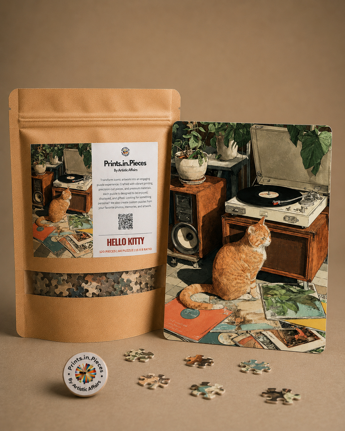 Orange Cat and Record Player Illustration Puzzle