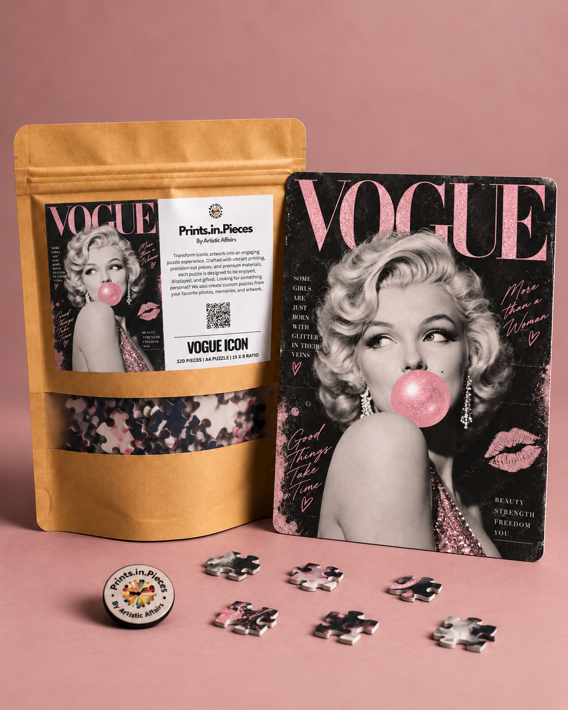 Vogue Icon jigsaw puzzle – vintage glamour portrait with a pink bubble