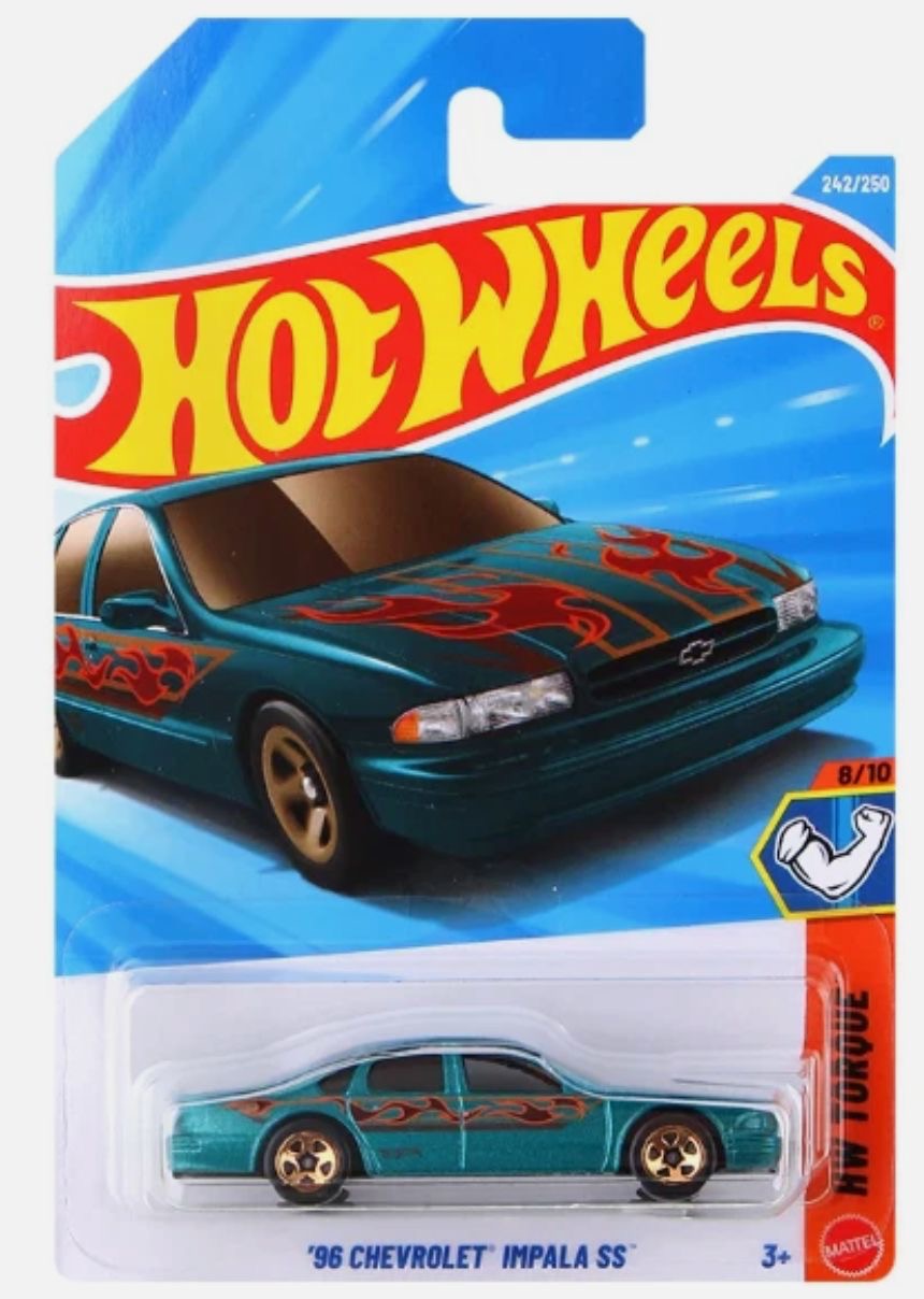 Hot Wheels '96 Chevrolet Impala SS teal with flame graphics 1:64 die-cast car, HW Torque series