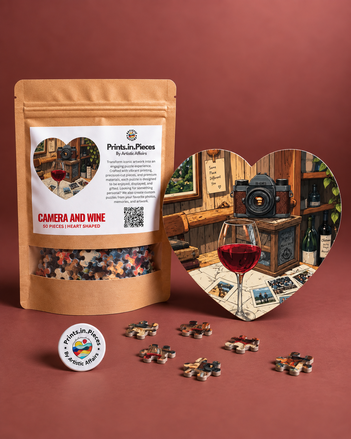Camera and Wine Heart-Shaped Puzzle