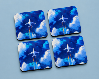 Painted Airplane in Clouds 10 x 10 cm drink coaster by Artistic Affairs