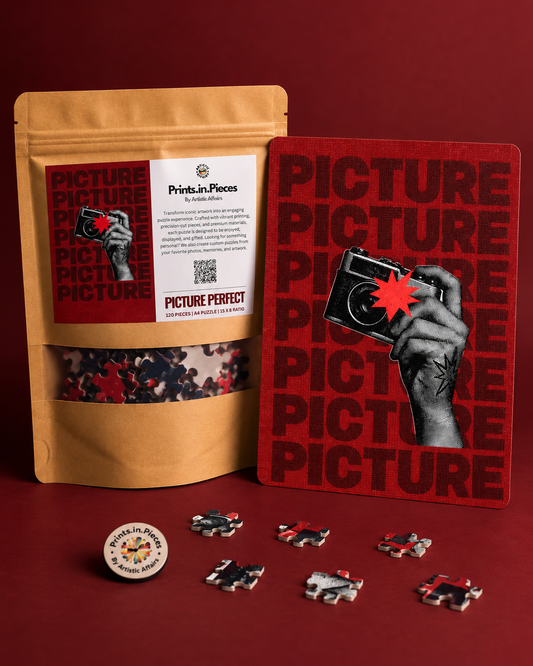 Picture Perfect jigsaw puzzle – vintage camera over repeating PICTURE type on red